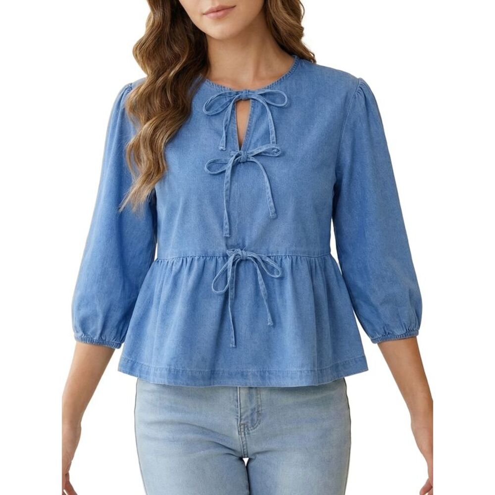 Women's Tie Front Peplum Denim Tops Babydoll Jean Blouse Light Blue